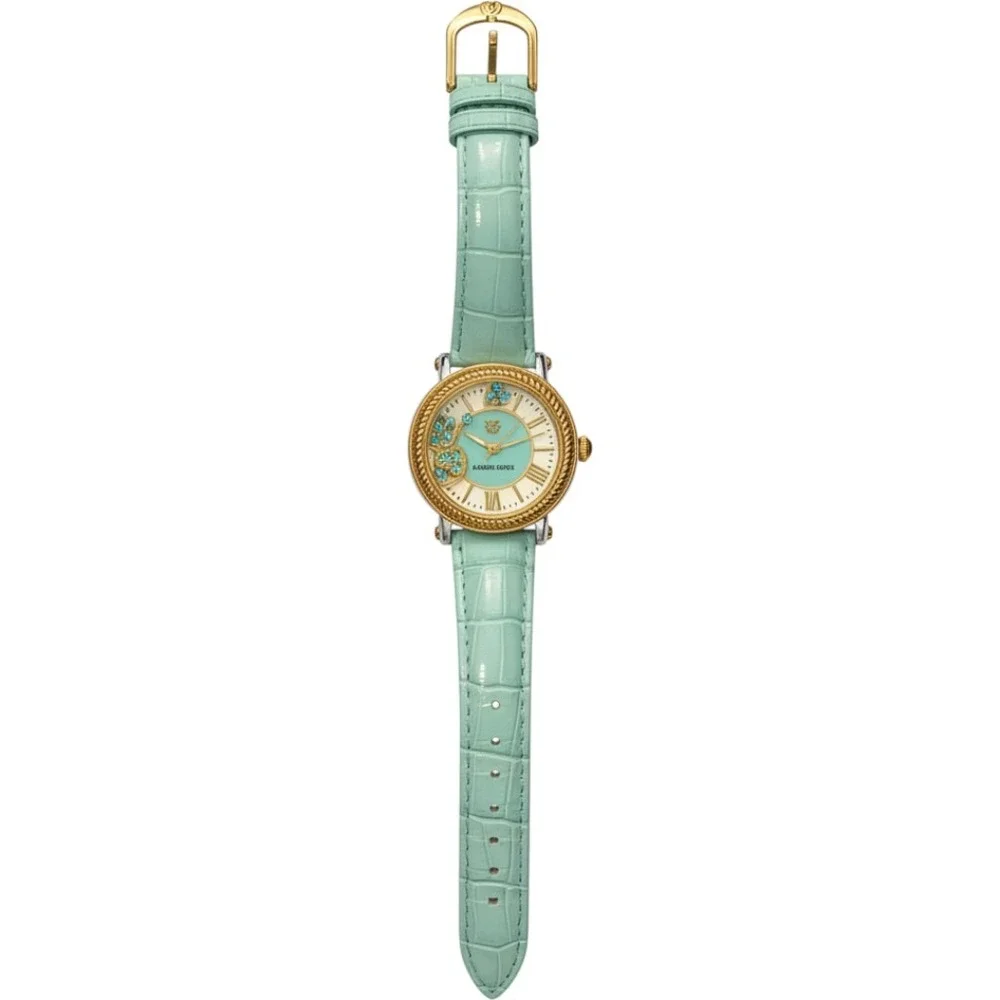 Judith Ripka Turquoise Dial Gold Tone Rope Bezel Croco Leather Strap Watch